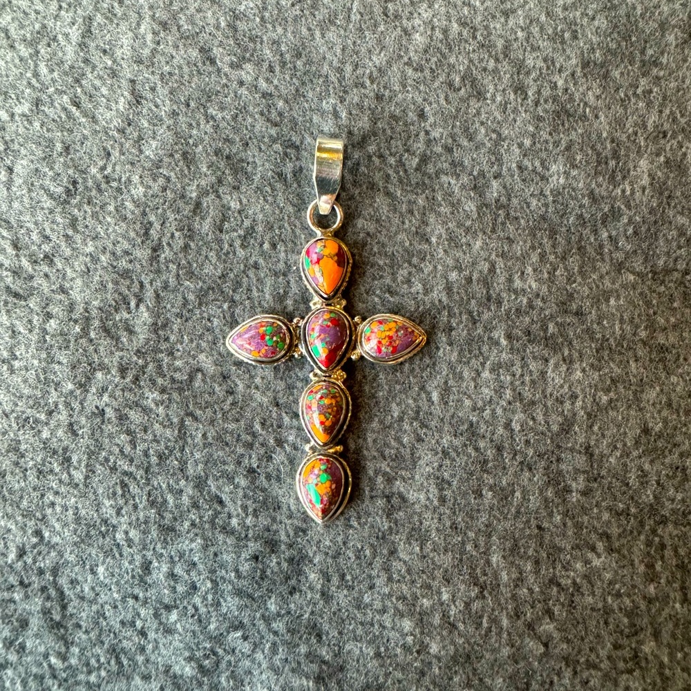 Handmade Sterling Silver cross made with purple mosaic jasper